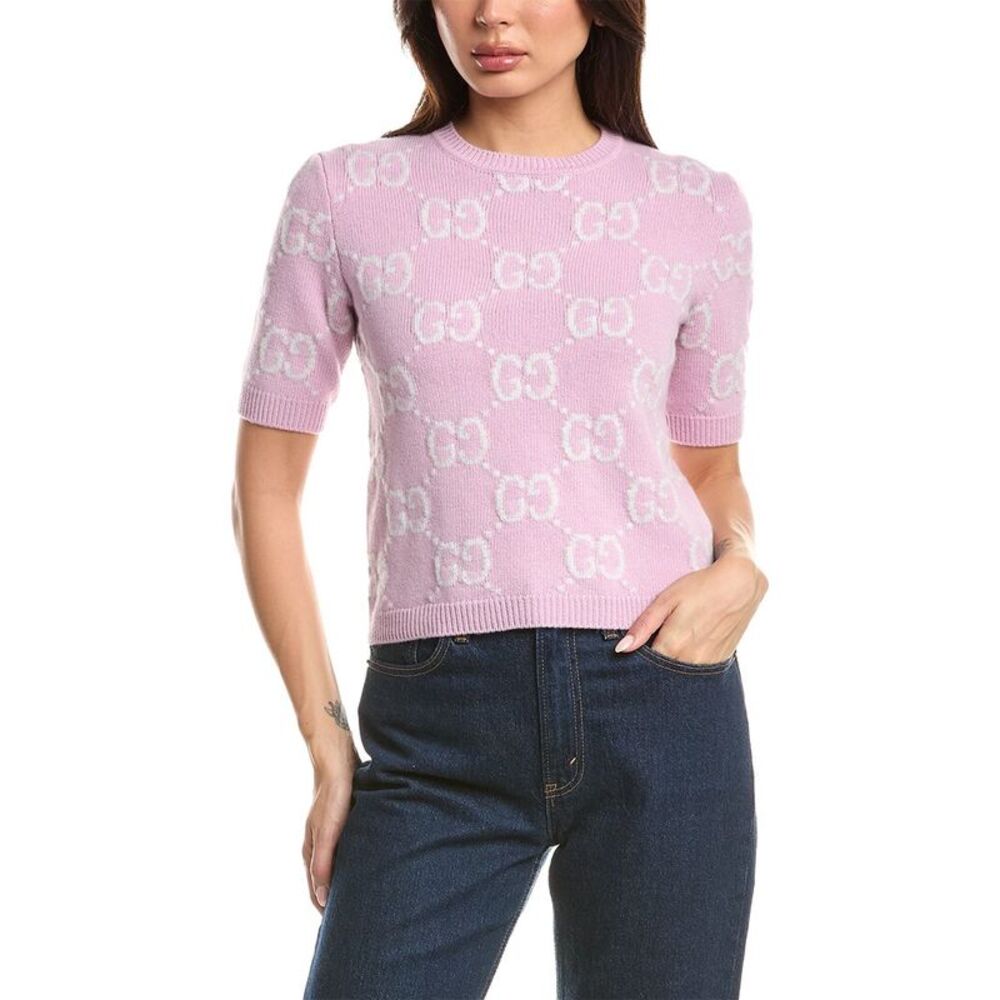 Gucci Womens  Soft Wool Gg Intarsia Sweater, Pink